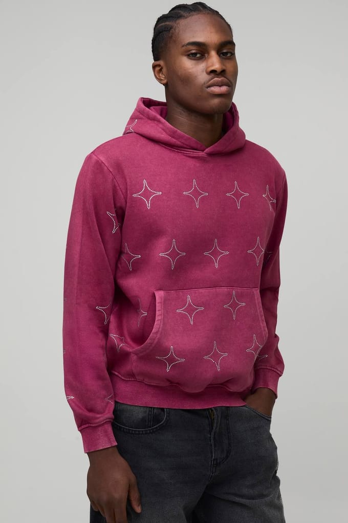 Boxy Washed All Over Rhinestone Hoodie | Pink | Size Medium
