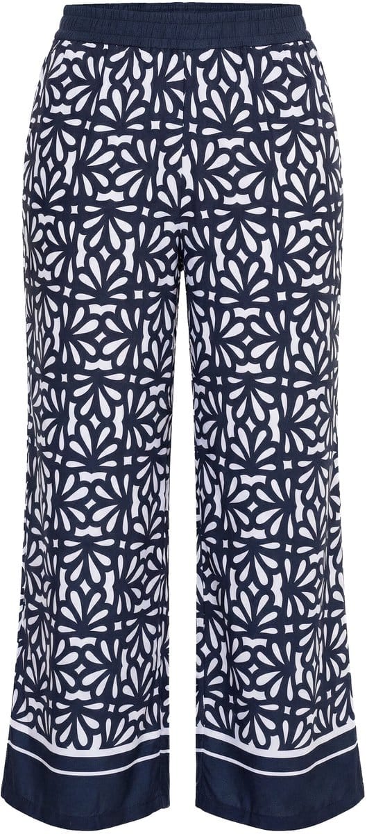 Ulla Popken - Dames - Broek Rose patroon wijde pijp elastische tailleband - Marine - Maat 62+