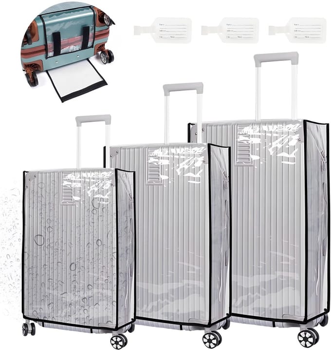 Ibenzoa® Set van drie waterdichte transparante kofferovertrekken met kofferlabels