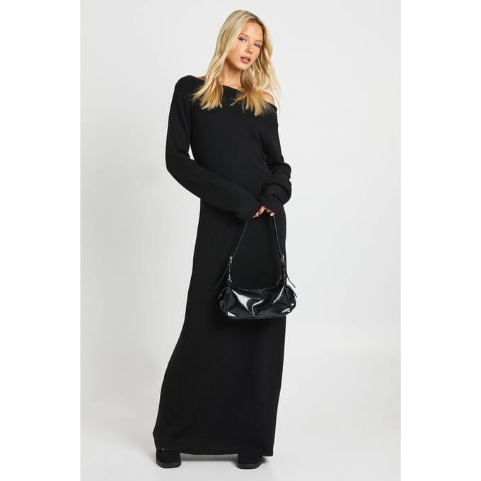 boohoo Dames Gebreide maxi-jurk met slash neck | Black | Maat: Small