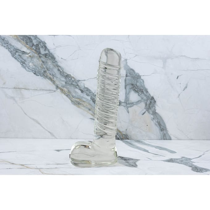 Glas - Realistic Ribbed Glass G-Spot Dildo with Balls
