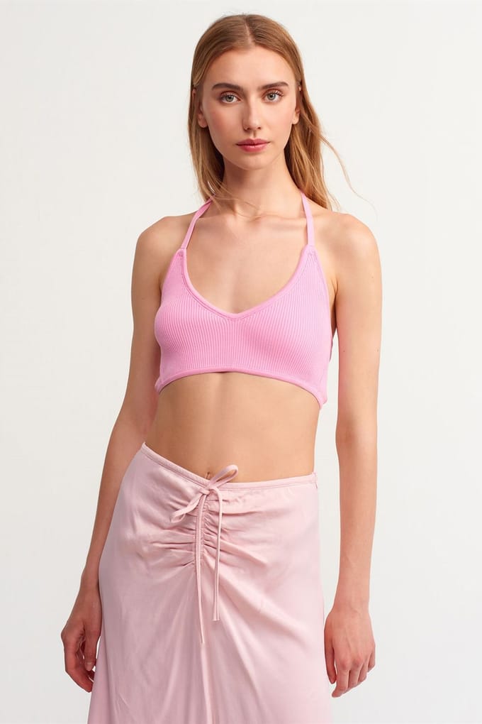 Fitted Geribbelde Halter Crop Blouse Met Strikdetail