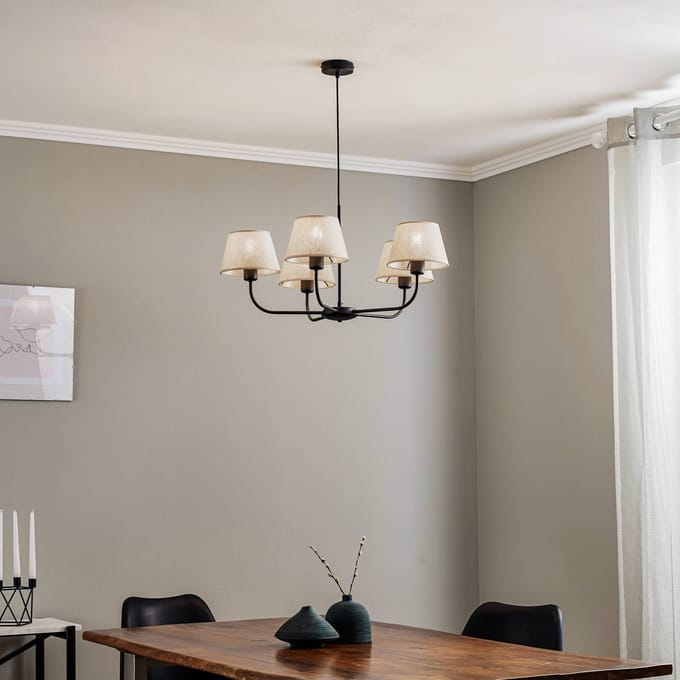 TK Lighting Kroonluchter Chicago, linnen lampenkappen, 5-lamps