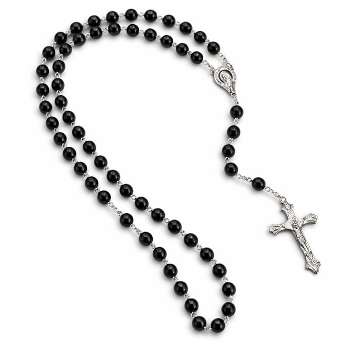 LGT JWLS Rozenkrans Ketting Zwarte Glaskralen Met Kruis