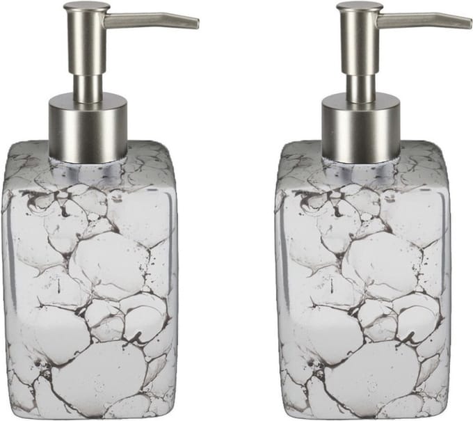 Items Zeeppompje/dispenser - 2x - wit - marmerlook - 330 ml - navulbaar - keuken/toilet/badkamer