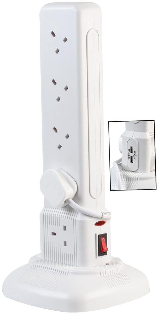 Toren Stekkerdoos - Verlengsnoer met USB - Apparaten Laden - 10 Stopcontacten - 2 Meter - Wit