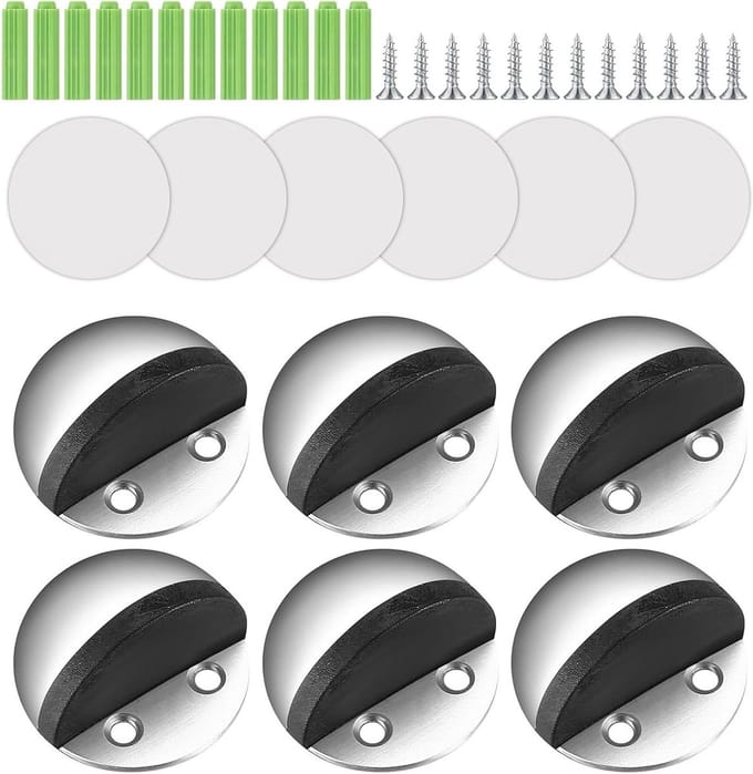 Set van 6 RVS Deurstopper met Rubber Buffer voor Harde Vloeren - Bescherming voor Deuren, Muren en Meubels, Inclusief Schroeven