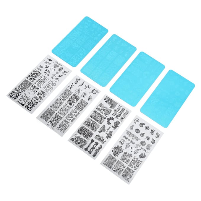 4 pièces Plaque de Stampage Nail Art Français Plaque d'Image pour Stampage d'Ongles Plaque en Acier pour Impression d'Ongles avec blue