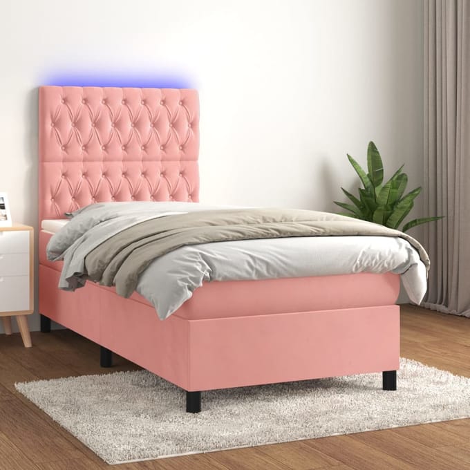 vidaXL - Boxspring - met - matras - en - LED - fluweel - roze - 80x200 - cm