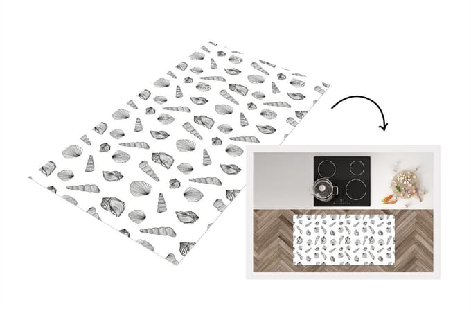 Keukenloper - Loper keuken - Schelp - Zwart Wit - Design - 120x60 cm - Keukenloper vinyl