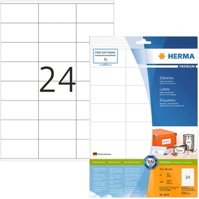 Herma Etiketten 70x36 wit  Mat 10 vel   DIN A4 240 stuks