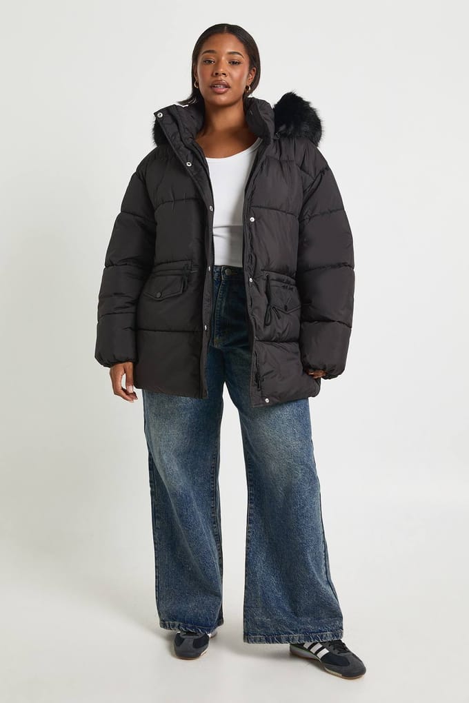 boohoo Dames Plus Parka met nepbontafwerking | Black | Maat: 16