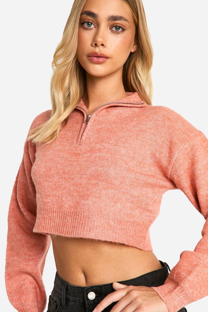 boohoo Dames Zachte gebreide half-zip crop trui | Koraal | Maat: Large