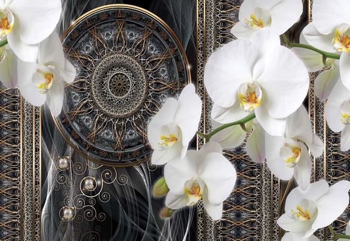Fotobehang Luxury Abstract Pattern Flowers Spheres | XXL - 312cm x 219cm | 130g/m2 Vlies