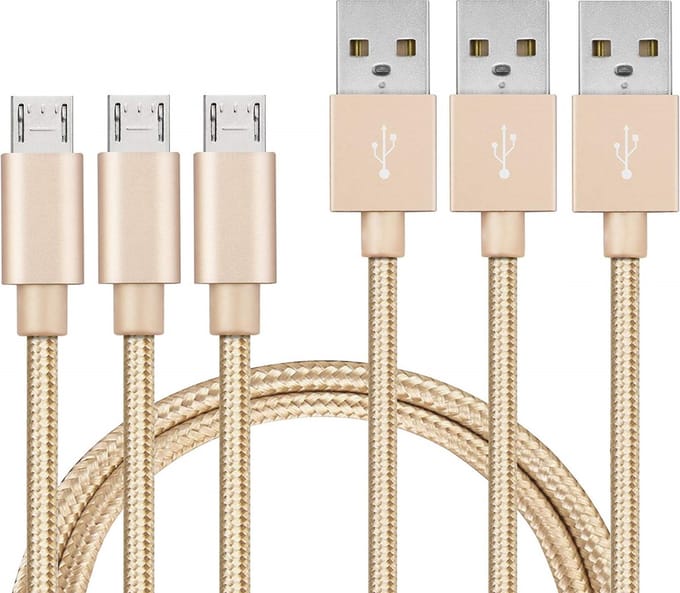 3x Micro USB naar USB A Nylon Gevlochten Kabel Goud - 1 meter - Oplaadkabel voor Xiaomi REDMI NOTE 6 PRO / REDMI NOTE 6 / REDMI NOTE 5 PRO / REDMI NOTE 5 / REDMI NOTE 5A / REDMI NOTE 4 / REDMI NOTE 4X