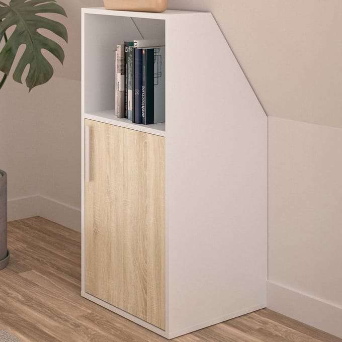 Vente-unique Kast voor onder schuin dak 1 deur en 1 nis - Wit en naturel - ADEZIO