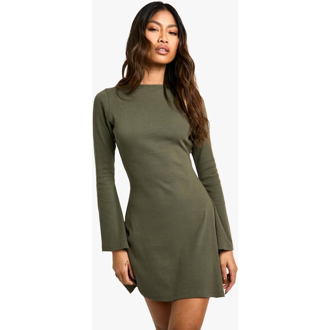 boohoo Dames Geribde Tie Back Shift Jurk | Dark Olive | Maat: 14