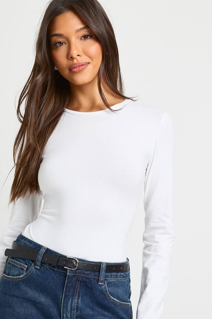 boohoo Dames Basis bodysuit met lange mouwen en ronde hals | Wit | Maat: 36
