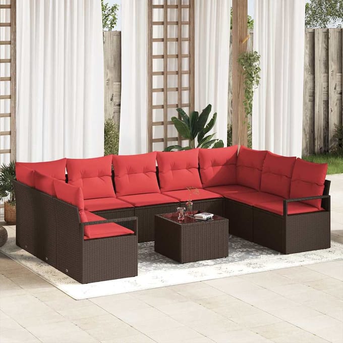 vidaXL - Tuinbank - Set - 10 - st - Bruin - en - Rood - poly - rattan