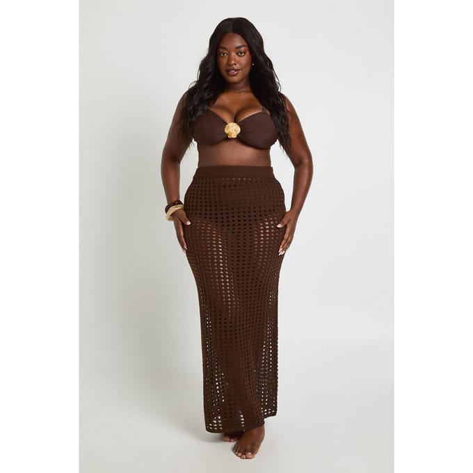 boohoo Dames Plus Gehaakte Gebreide Maxi Rok | Chocolate | Maat: 16