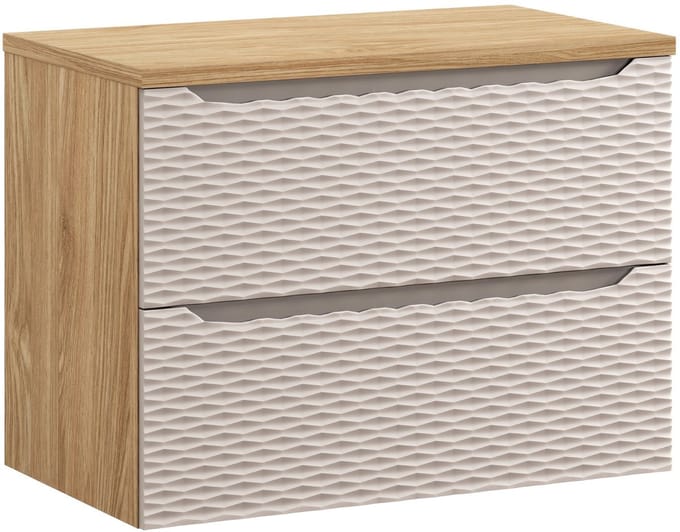 Badplaats Wastafelkast Ocean 80 cm – Beige met Eiken – Hangend Badmeubel met 2 Lades