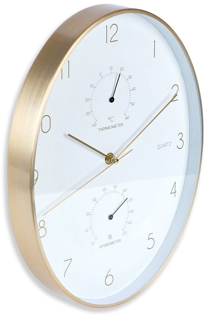 Vilde - Ovale Wandklok - 27x34,5 cm - Thermometer - Hygrometer - Aluminium Goud