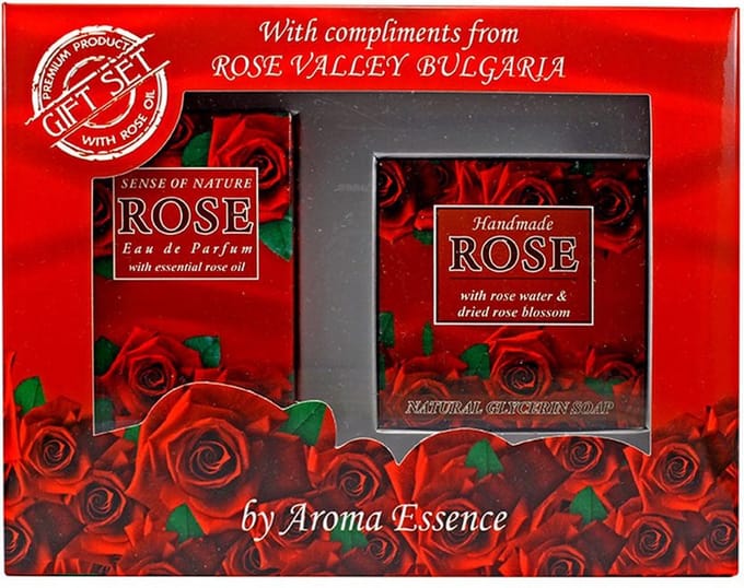 Set van 2 producten Red Rose - Eau De Parfum met etherische rozenolie - zeep met rozenbladjes 2st