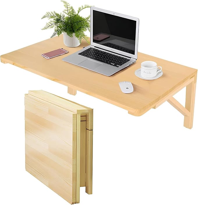 Inklapbare Wandtafel - Opvouwbaar Bureau - Ruimtebesparend Werken - Massief Houten Constructie - 100x40cm - Natuurlijk Hout