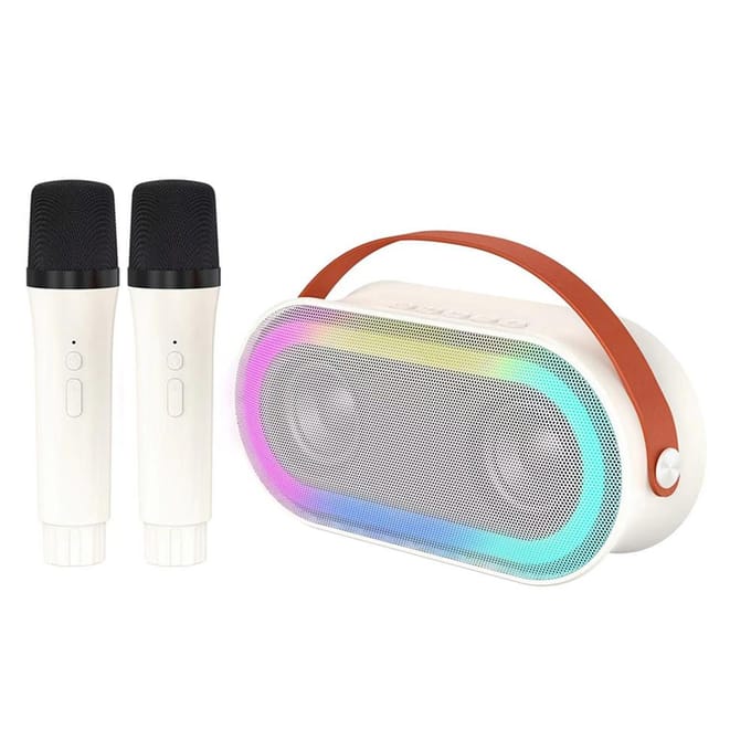 Mini-karaokemachine met 2 draadloze microfoons Draagbare BT-luidspreker Oplaadbare 10W HiFi LED wit