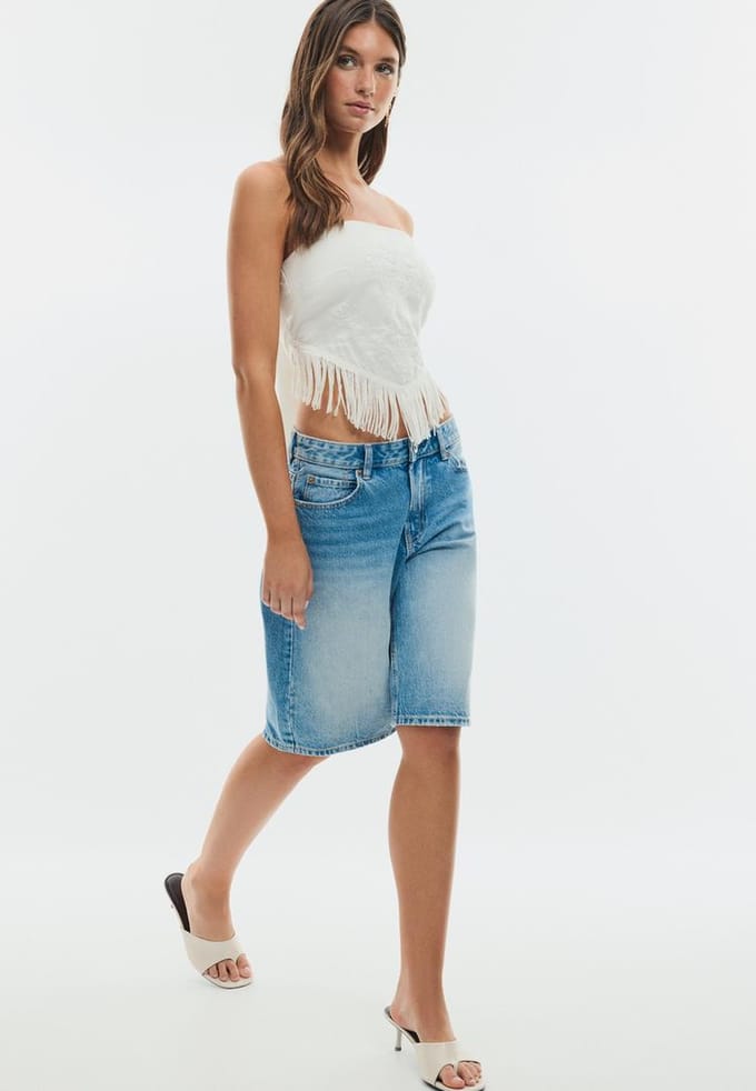 Stradivarius Top bustier met franjes en borduursel  Wit L