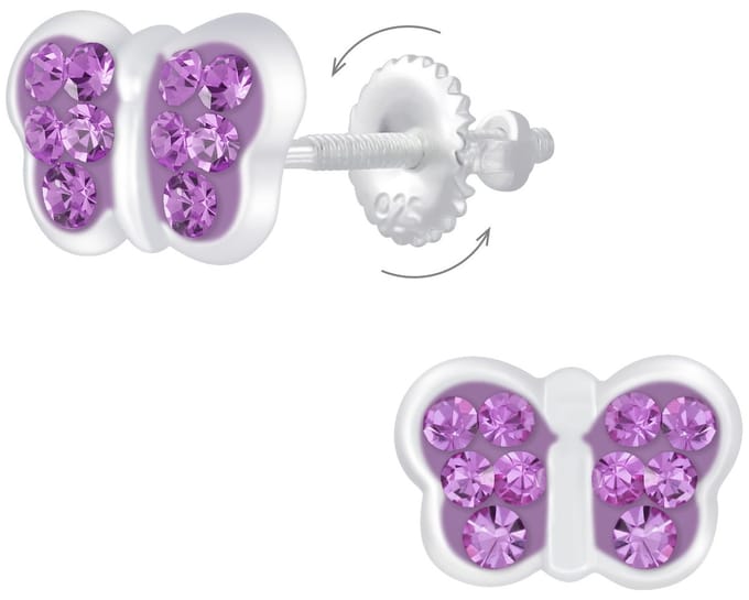Joy|S - Zilveren vlinder oorbellen - paars - screw back sluiting