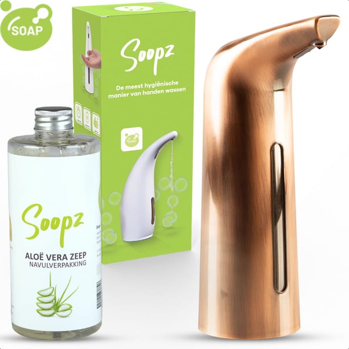 Soopz Automatische Zeepdispenser – Koper – Copper Brushed Elegance – Zeeppompje met Bewegingssensor – Met Aloë Vera Zeep