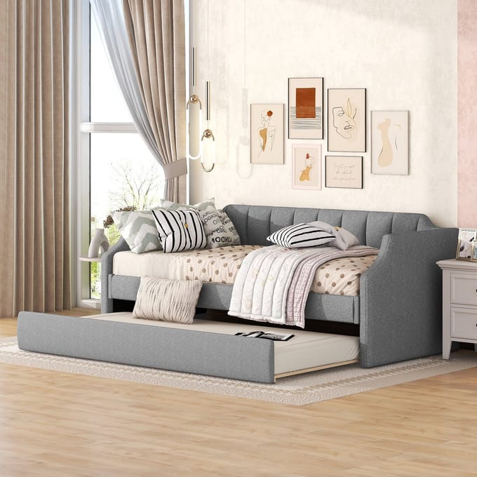 MODFU Bedframe 90 x 200cm, gestoffeerd met katoen-linnen en MDF-hout, met rollend onderschuifbed