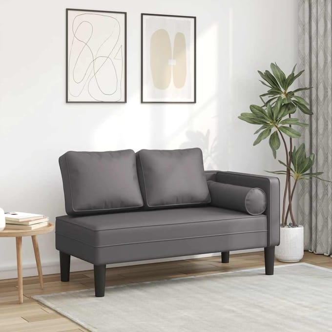 vidaXL - Chaise - longue - met - kussens - kunstleer - grijs