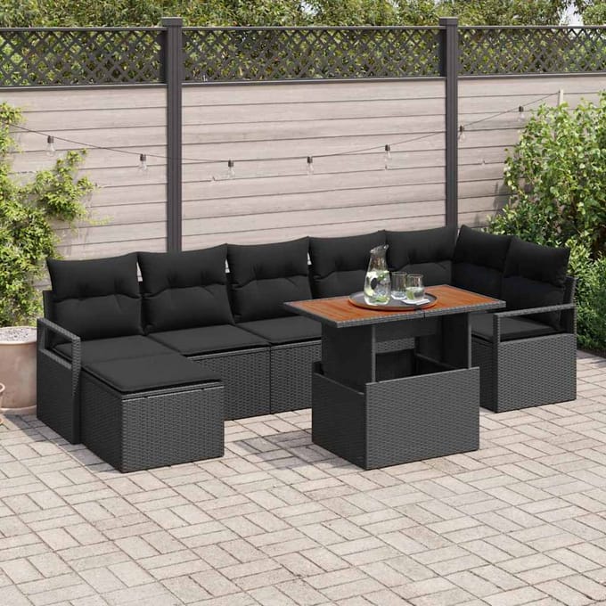 vidaXL Tuin Eettafel Set met kussen 8 pcs Zwart en Bruin