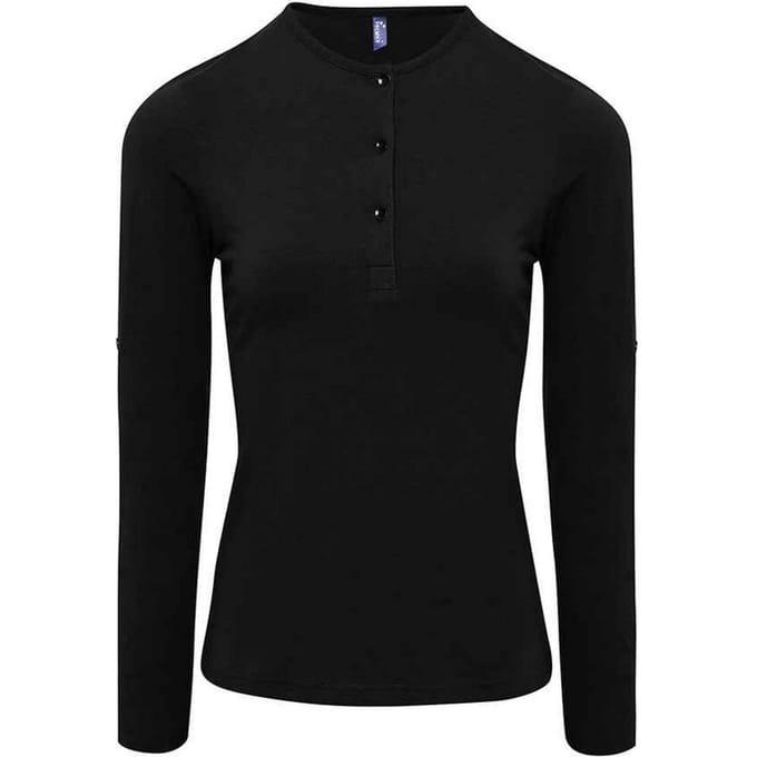Premier Dames/Dames Lang John Roll Mouw T-shirt (Zwart)