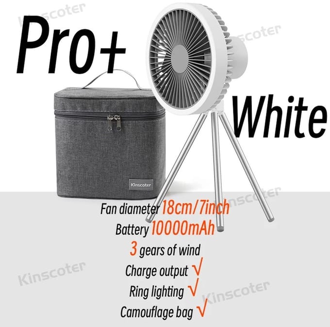 D&A Ventilator - Tafelventilator - Campingventilator - Plafondventilator - Draadloos - LED-verlichting - Powerbank - Met opbergzak