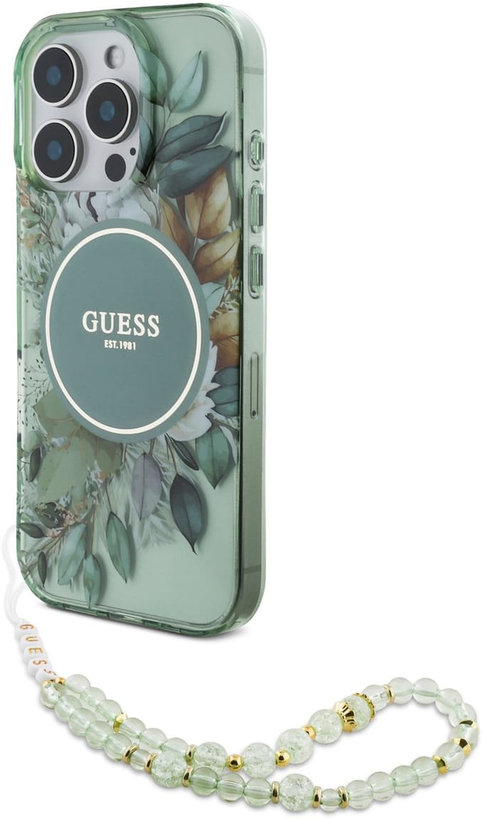 Guess geschikt voor MagSafe IML Flowers Case met beads strap geschikt voor iPhone 16 Pro Max - Green