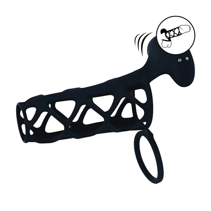 Vibrerende Kooi Silicone Penis Huls en Balring - Zwart