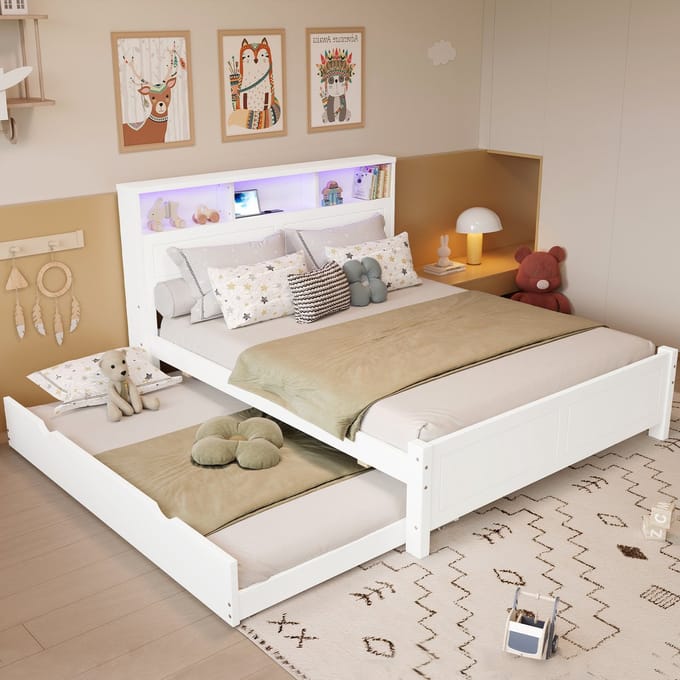 MODFU – Tweepersoonsbed met Uitschuifbed – 120x200 cm & 90x190 cm – Opberghoofdbord met USB – LED – Wit