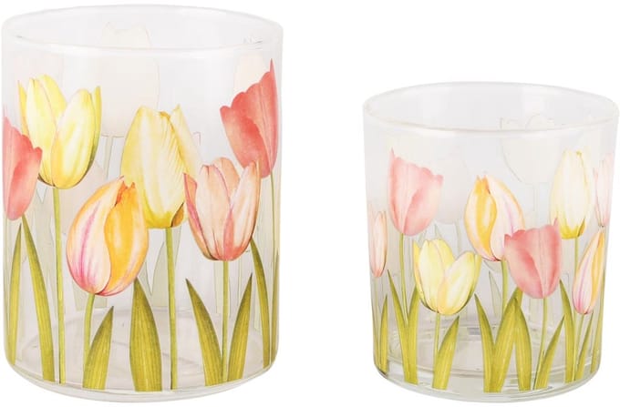 Dekoratief | Set 2 theelichthouders 'Tulip Time', glas, 8x8x10cm | A260661