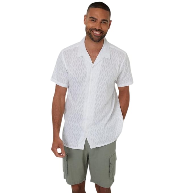 Threadbare Heren Geometrisch Patroon Korte Mouwen Shirt (Wit)