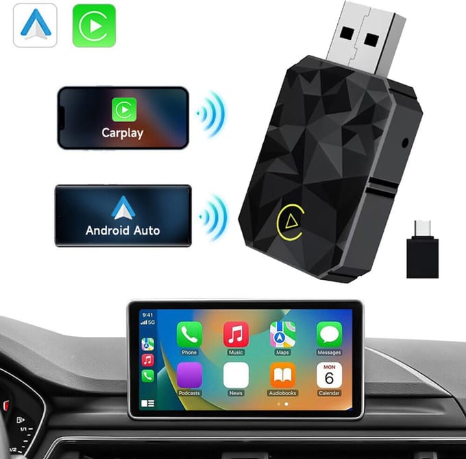 Mini 2-in-1 Android Auto draadloze adapter en CarPlay draadloze adapter voor iPhone, Plug And Play voor iPhone iOS 12+ / Android 11+