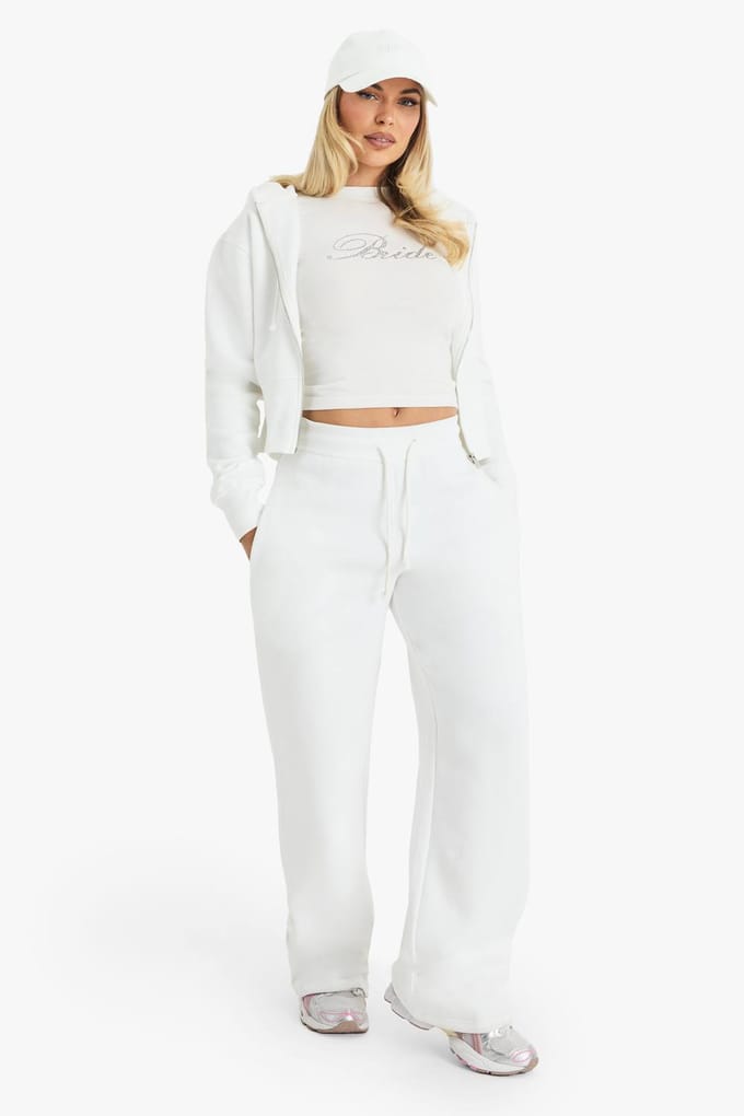 boohoo Dames Bruids 'Bride' Diamante Slogan Cropped Hoodie | Wit | Maat: Medium
