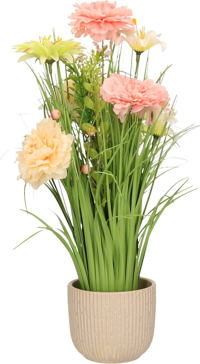 Kunstbloemen boeket roze - in pot mat wit - keramiek - H40 cm