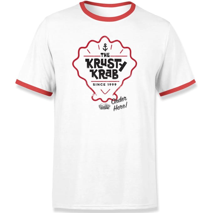 Spongebob Krusty Krab Unisex Ringer T-Shirt - Wit / Rood - M