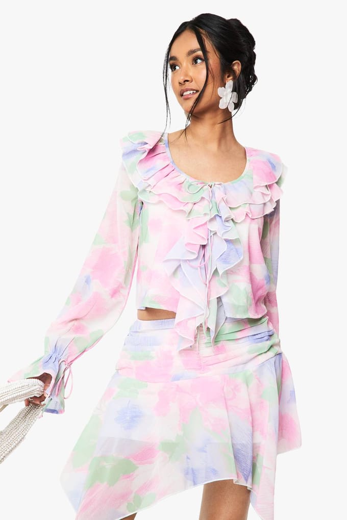 boohoo Dames Bloemen Chiffon Ruffle Blouse | Blush | Maat: 34