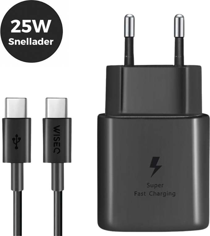 25W Fast Charger USB C geschikt voor Samsung en iPhone - USB C oplader met USB C oplaadkabel - wit - WiseQ