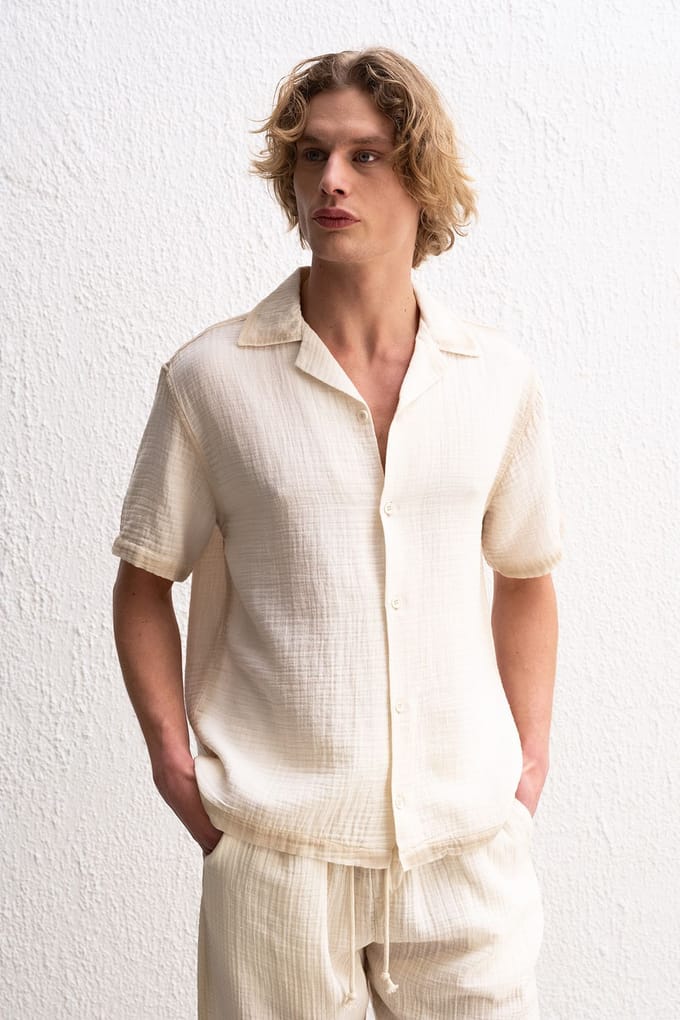 Heren Katoenen Gestructureerde Korte Mouwen Shirt