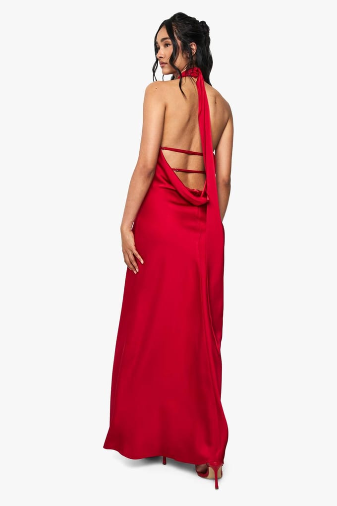 boohoo Dames Satijn Drape Maxi Jurk | Red | Maat: 14